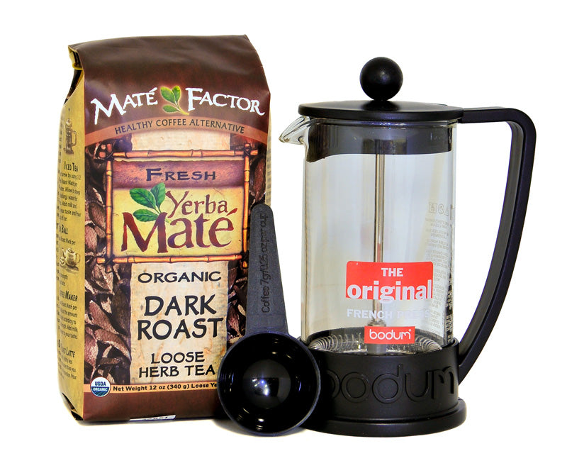 12oz-bodum-brazil-cafetiere-french-press -and-12oz-of-mate-factor-dark-roast-loose-yerba-mate