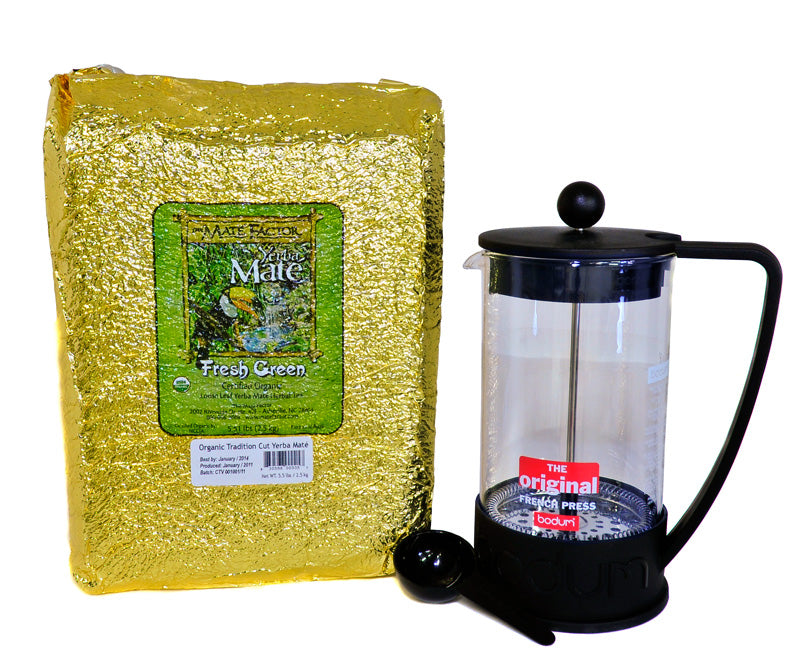 34oz-bodum-brazil-cafetiere-french-press -and-5.5-lb-of-mate-factor-fresh-green-loose-yerba-mate