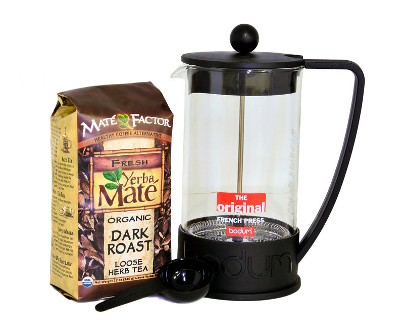34oz-bodum-brazil-cafetiere-french-press -and-12oz-of-mate-factor-dark-roast-loose-yerba-mate