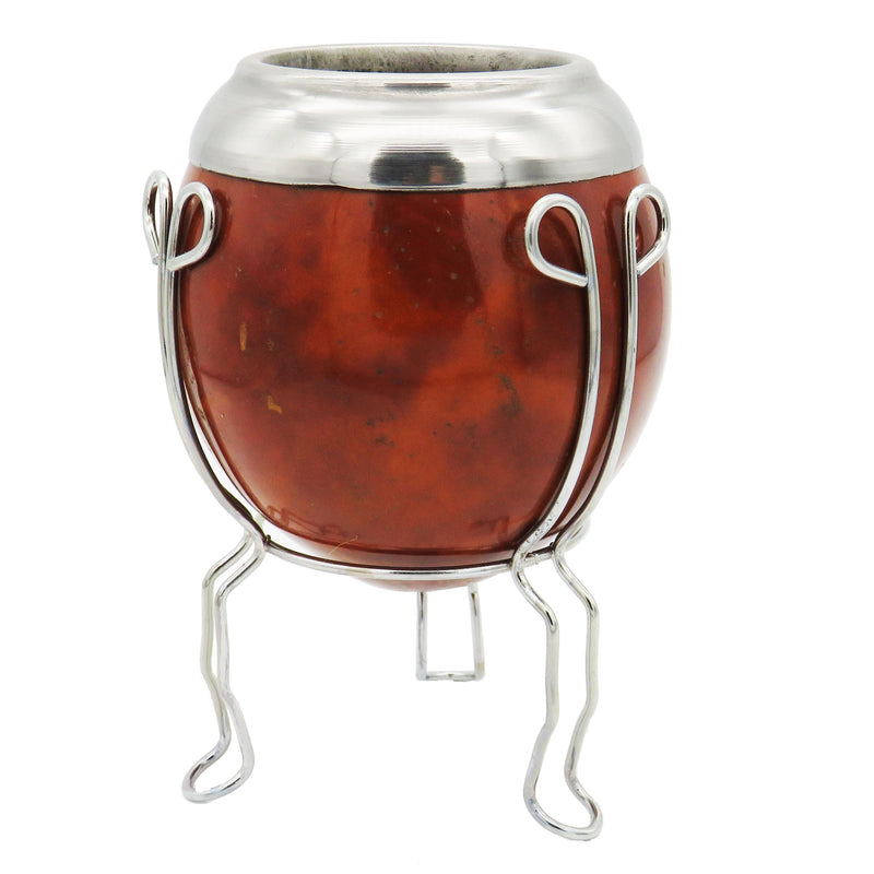 Handmade Brazilian Drinking Gourd with Stainless Steel rim and Metal Stand